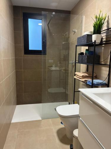 a bathroom with a shower and a toilet and a sink at Casa Calma in Calasparra