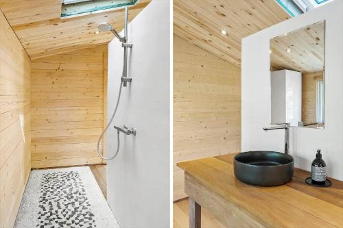 a bathroom with a shower and a sink at 1176-N-Hundested-Brune-Bakke-1 in Hundested