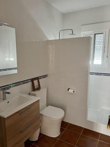 a white bathroom with a toilet and a sink at Casa caminito 2 in Zahora