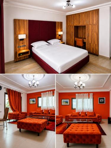 a bedroom with orange walls and a bed with orange furniture at Newland Sarl in Douala