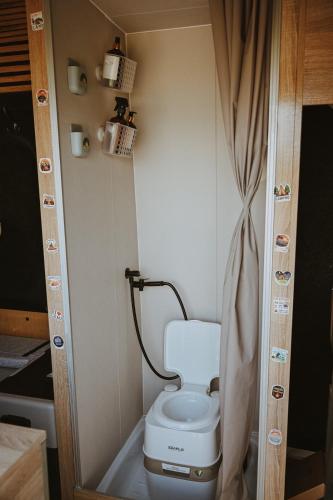 a bathroom with a toilet in a small room at Campervan Montenegro RV in Bar
