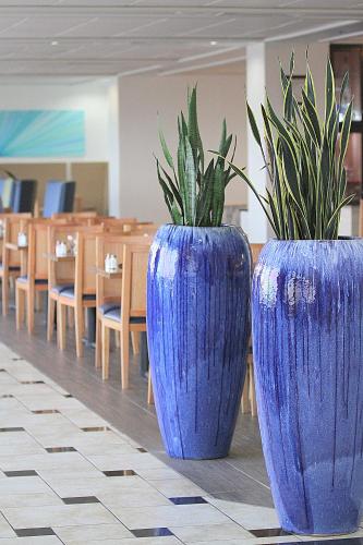 two blue vases with plants in them in a restaurant at DoubleTree by Hilton Corpus Christi Beachfront in Corpus Christi
