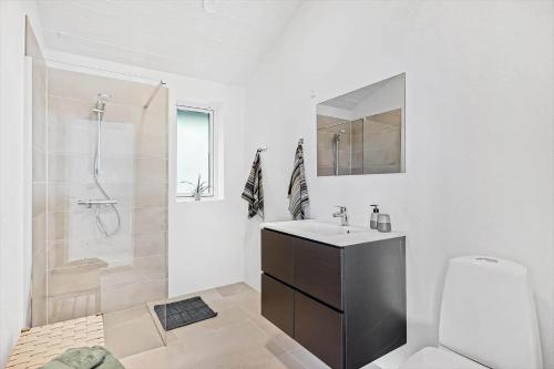 a bathroom with a sink and a shower and a toilet at 8535-Glesborg-Havstokken-12 in Glesborg