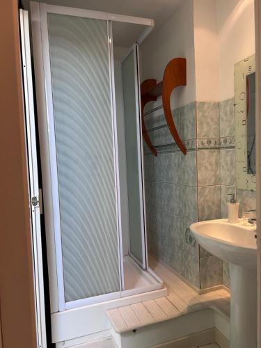 a bathroom with a shower and a sink at La Rivetière in Courcemont