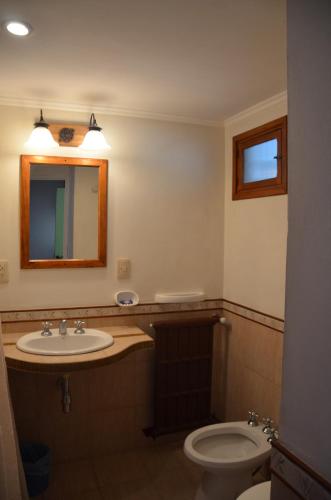a bathroom with a sink and a toilet and a mirror at Hotel Carmen de Areco in Carmen de Areco