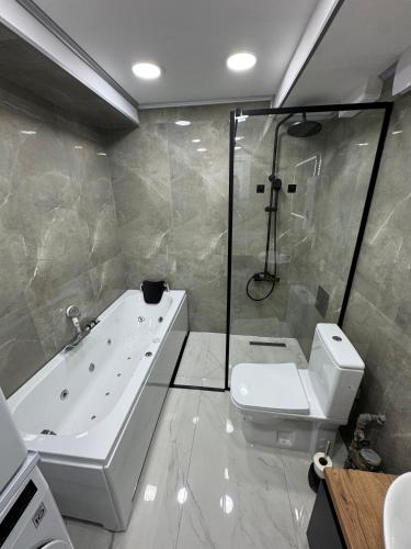 a bathroom with a shower and a tub and a toilet at Stylish Ohrid Apartment, Hot Tub, Steps to Lake in Ohrid