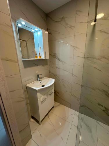 a bathroom with a sink and a mirror and a shower at Sunset Apartment B-3 in Perea
