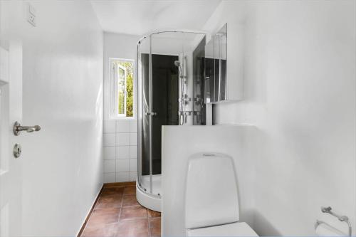 a white bathroom with a shower and a toilet at 1061-N-Vejby-Lundebakken-1 in Vejby