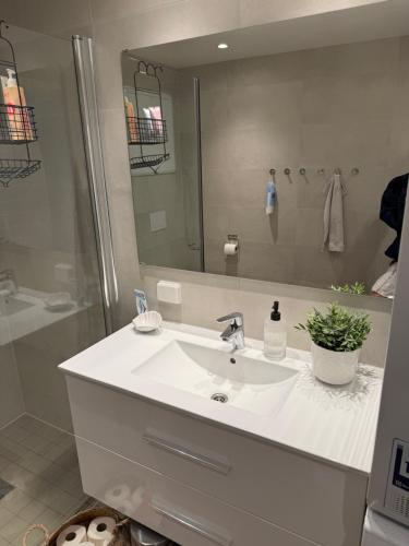 a bathroom with a white sink and a shower at Moderne toppleilighet i Bergen in Bergen