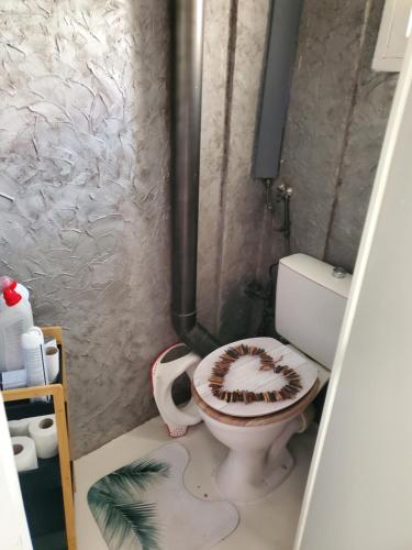 a bathroom with a toilet with a wooden seat at Les flots d'Émilie et Vincent in Barneville-Carteret
