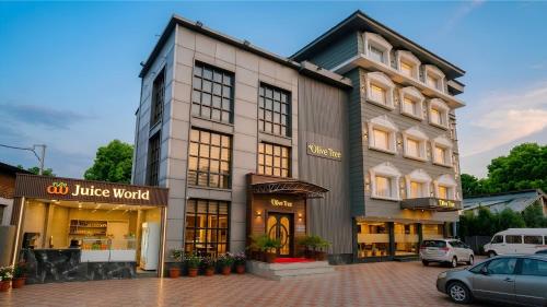 a building with cars parked in a parking lot at The Olive Hotel Srinagar in Srinagar