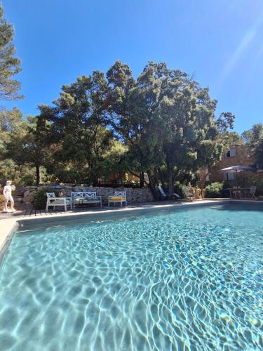 a large pool of water with trees in the background at la bergerie des colles in Entrecasteaux