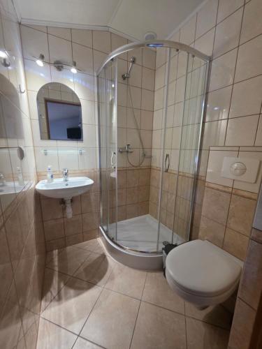 a bathroom with a shower and a toilet and a sink at Mewa House in Jastarnia