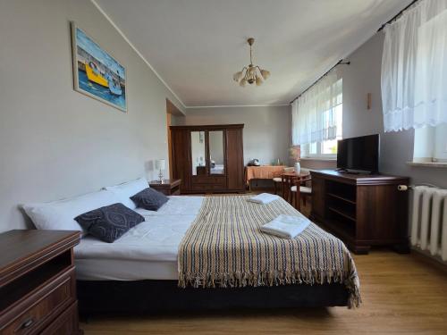 a bedroom with a bed and a desk and a television at Mewa House in Jastarnia