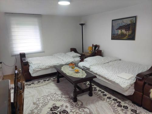 a room with three beds and a coffee table at Downtown Apartment in Plav