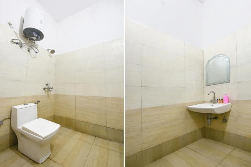 two pictures of a bathroom with a toilet and a sink at FabHotel Rajvanshi Palace in Gumgaon