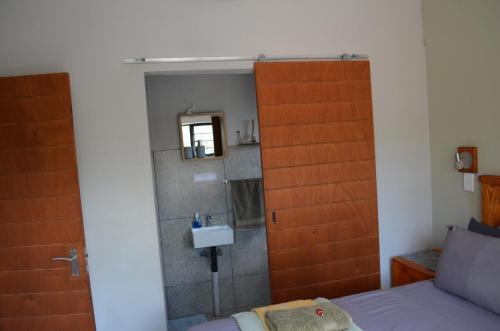 a bathroom with a shower with a sink and a mirror at Sonador Bush House, 4bedr, 3bathr in Marloth Park in Marloth Park