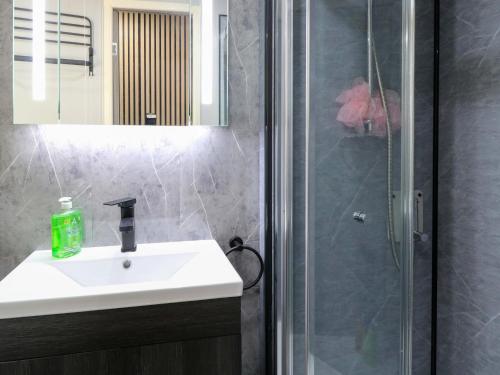 a bathroom with a sink and a shower at Wild Duck Holiday Park in Belton