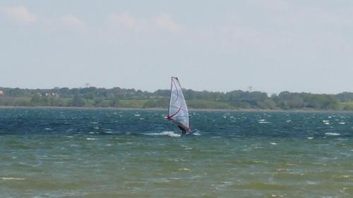 a person is windsurfing in a large body of water at Bungalows am Grimnitzsee in Joachimsthal