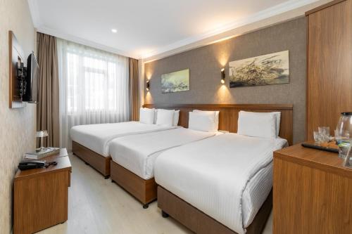 a hotel room with two beds and a television at Diamond Beyazit Hotel in Istanbul
