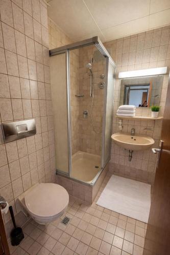 ein Badezimmer mit Dusche, Toilette und Waschbecken in der Unterkunft Vintage HOTEL S-Weilimdorf in Stuttgart-Weilimdorf