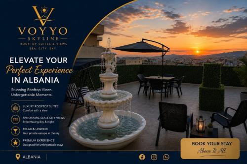 a flyer for a restaurant with a fountain on a patio at Voyyo Skyline in Durrës