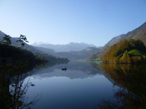 a boat on a river with mountains in the background at Holiday Home by Interhome in Lungern