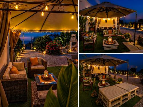 a group of four pictures of a patio with an umbrella at VILLA MADRE in Marina Serra