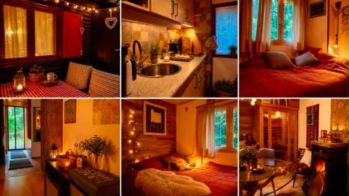 a collage of pictures of a kitchen and a living room at Bakancsos Kulcsosház in Dobogókő