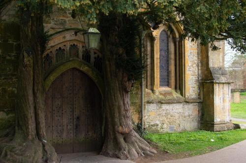 a large wooden door with a tree in front of a building at Cotswold Townhouse - Adults Only in Stow on the Wold