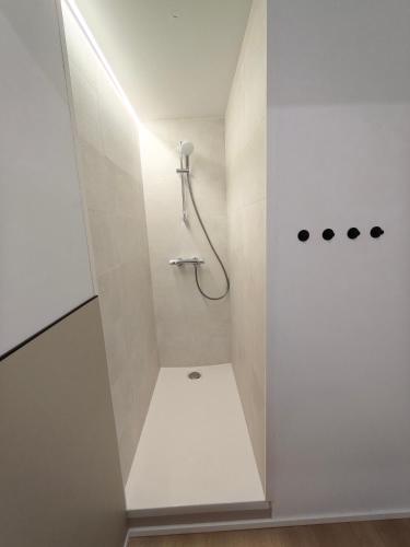a bathroom with a shower in a white wall at Chez EdGare in Liège