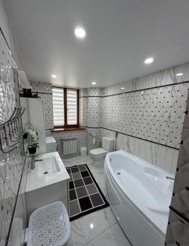 a bathroom with a tub and a sink and a toilet at Vila Lena S in Cahul