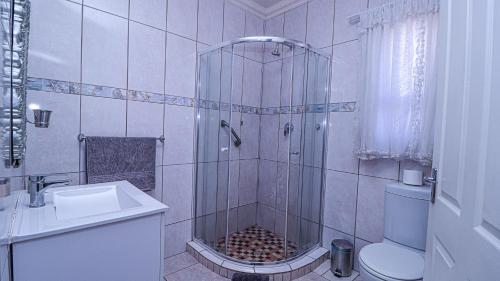 a bathroom with a shower with a sink and a toilet at Home Sweet Home in Springbok