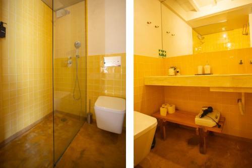 two pictures of a bathroom with a toilet and a shower at Estúdio 24 na Boavista, JAMBA House in Porto