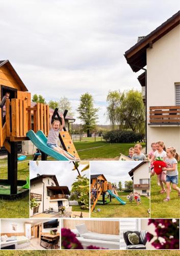 a collage of pictures of a child playing on a playground at Apartamenty Pawełek in Zator