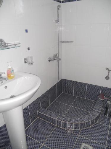 a bathroom with a sink and a shower at Afales Villa and Studios in Exoyí