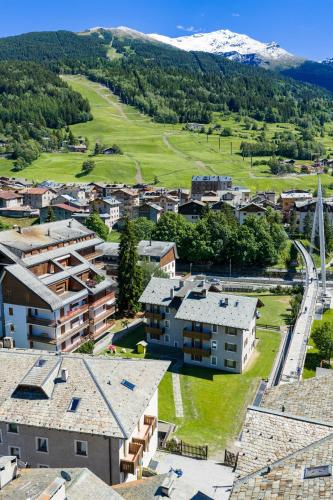 an aerial view of a town with mountains in the background at Bormiohomes - Case SteLu in Bormio