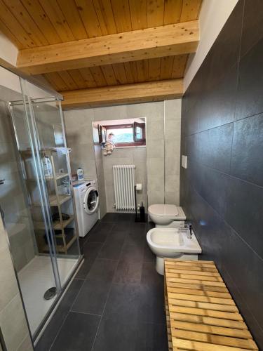 a bathroom with a shower and a toilet and a sink at La Piazzetta in LʼAquila