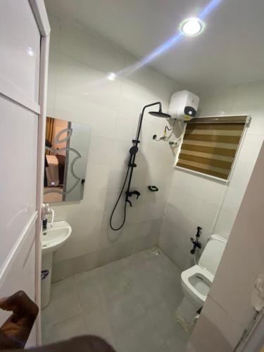 a bathroom with a shower and a toilet and a light at Chase hotels in Ibadan