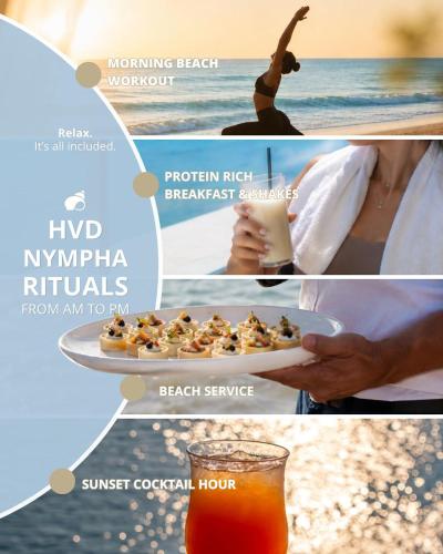 a collage of photos with a person holding a plate of food at HVD Nympha Hotel - All Inclusive, Private Beach & Free Parking - Adults Only in Golden Sands