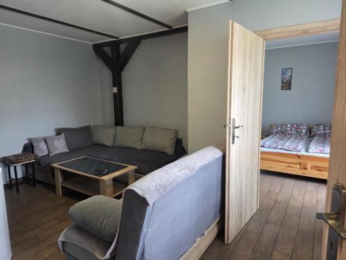 a living room with a couch and a bed at Apartamenty u Bodzia in Stronie Śląskie