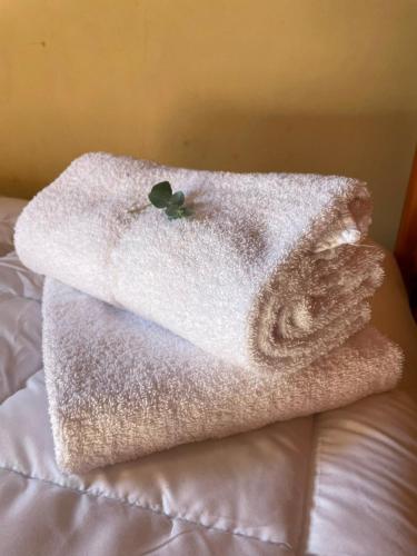 a pile of towels sitting on top of a bed at Posada La Tregua in El Bolsón