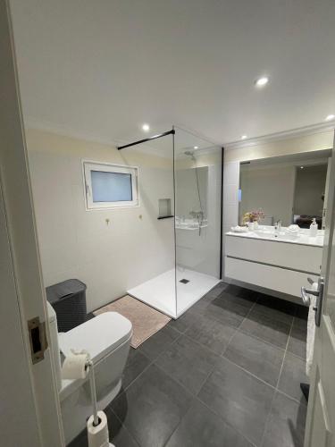 a bathroom with a shower and a toilet and a sink at Casa Del Mar in Ponta do Sol