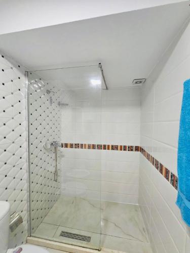 a shower with a glass door in a bathroom at Mimoza Appartament in Golem