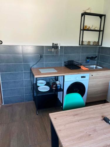 a kitchen with a sink and a washing machine at Hospodářství u kapličky in Kladeruby nad Oslavou