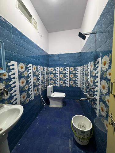 a blue bathroom with a toilet and a sink at Budha Home Stay in Hampi
