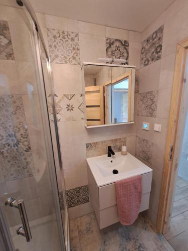 a bathroom with a sink and a shower at Vila Galant in Konice