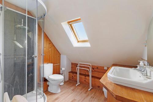 a bathroom with a toilet and a sink and a shower at Le Café de l'Encloître in Beaumont-la-Ronce