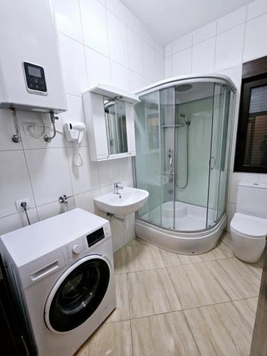 a bathroom with a washing machine and a shower at Nexus Apartment in Podgorica