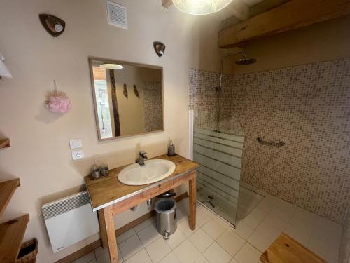 a bathroom with a sink and a shower at Hameau du HOUR - Chambres d'Hôtes et Gîtes dans le Gers in Béraut